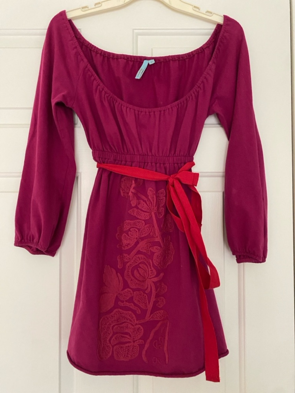 Women's Magenta Long-Sleeve Mini Dress with Red Tie